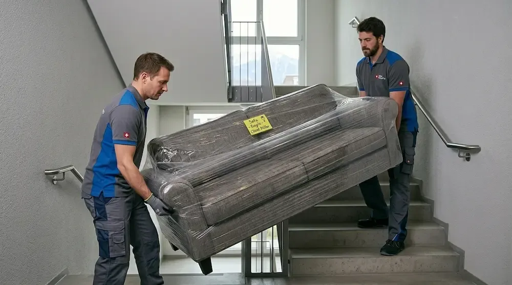 Zwei professionelle Schweizer Zügelmänner in Arbeitskleidung tragen ein schweres, in Schutzfolie gewickeltes Sofa sicher durch ein Treppenhaus.