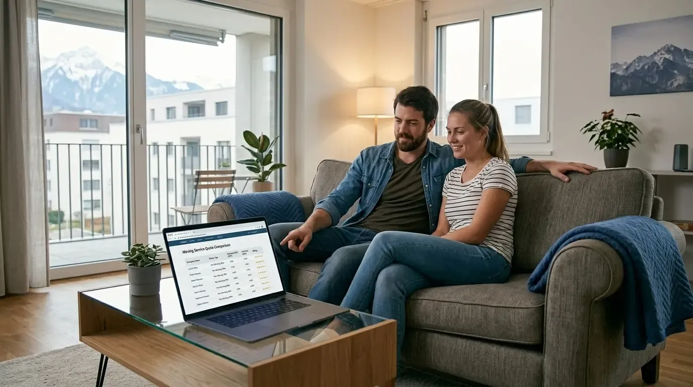 Ein entspanntes Paar sitzt auf dem Sofa in ihrer Schweizer Wohnung und vergleicht auf dem Laptop unverbindliche Offerten für ihre Zügelfirma.