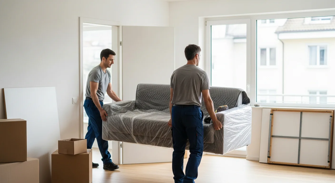 Ein Zügelmann hebt in einer Schweizer Wohnung einen einzelnen Sessel hoch, der zusammen mit wenigen Schachteln für den Teilumzug bereitsteht.