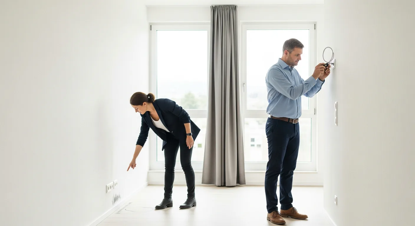 Zwei Personen untersuchen sorgfältig die Wände und Ecken einer leeren, hellen Wohnung in der Schweiz auf Gebrauchsspuren.