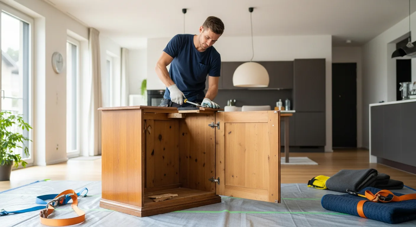 Zwei professionelle Zügelmänner tragen einen mit Schutzdecken gesicherten Holzschrank sorgfältig durch das Treppenhaus eines Schweizer Wohnhauses.