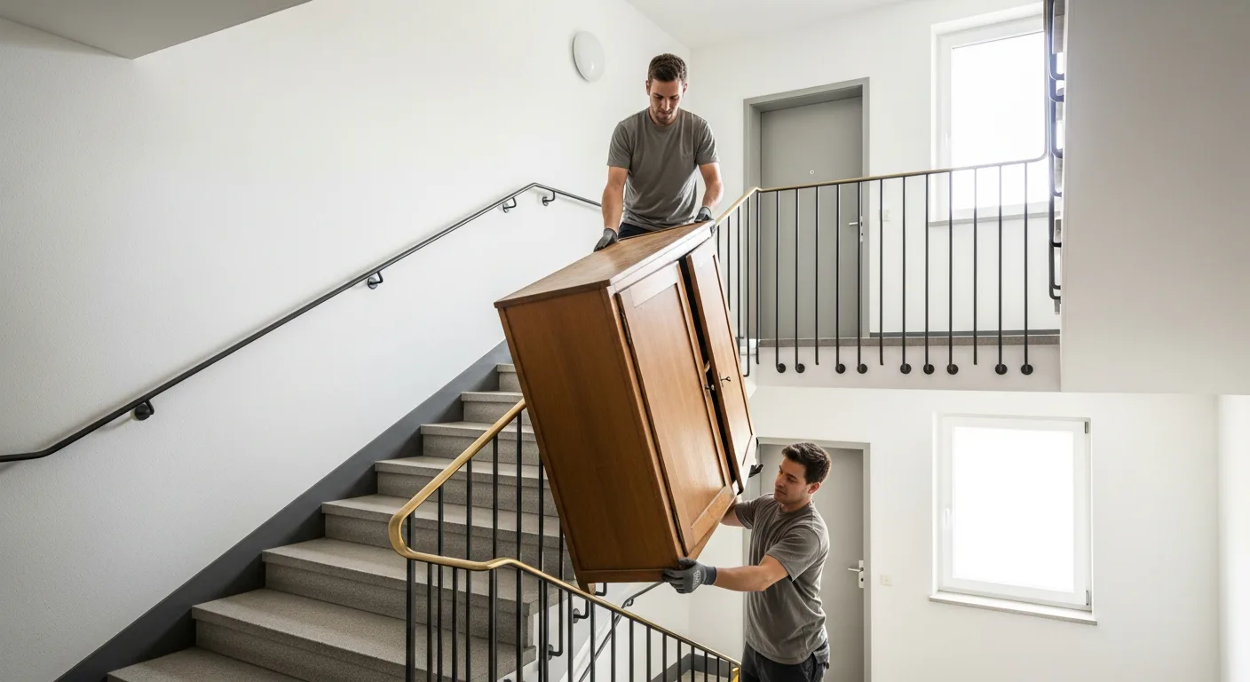 Zwei Raeumungsexperten tragen einen alten Holzschrank vorsichtig aus einer Schweizer Wohnung.