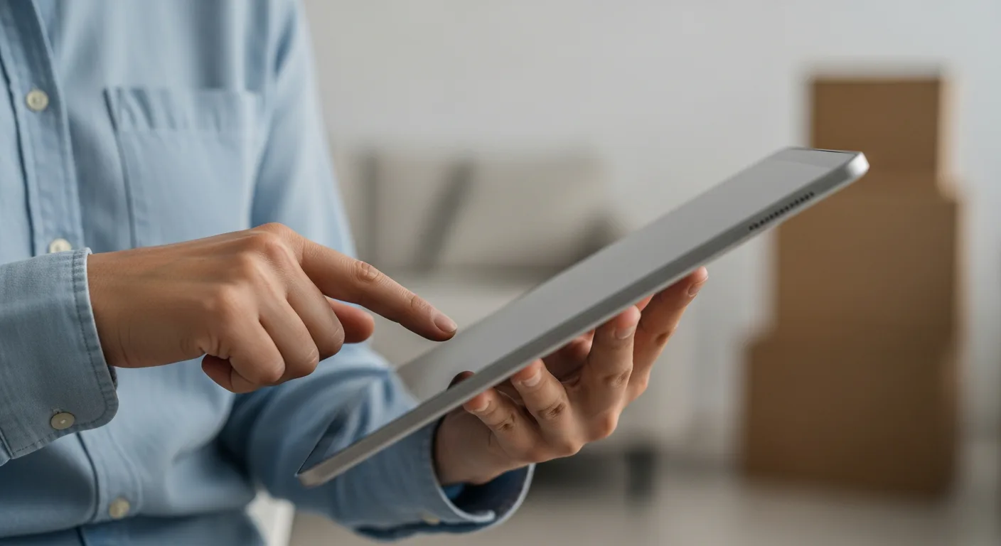 Hände halten ein Tablet, das den Vergleich von Umzugsangeboten symbolisiert, im Hintergrund unscharfe Umzugskartons.