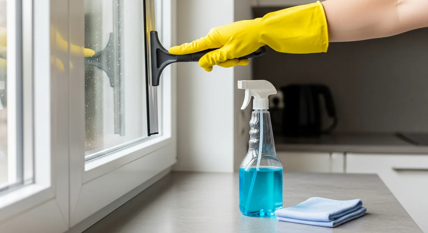 Eine Hand mit Handschuh reinigt ein Fenster in einer modernen Kueche mit einem Abzieher.