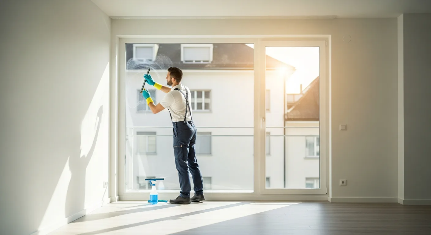 Ein professioneller Reiniger mit Handschuhen putzt das Fenster in einer leeren Schweizer Wohnung.