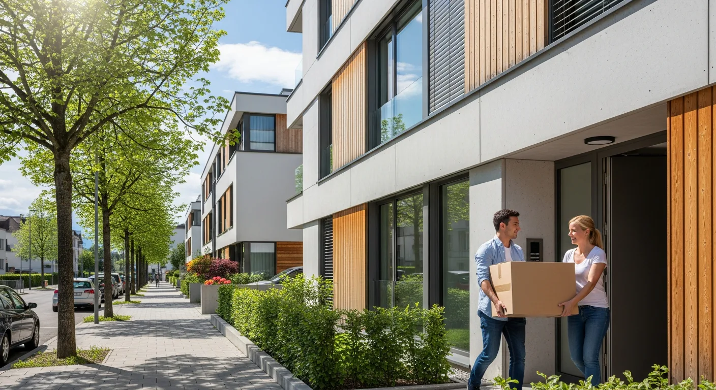 Zwei Personen tragen eine Umzugskiste in ein modernes Schweizer Mehrfamilienhaus.
