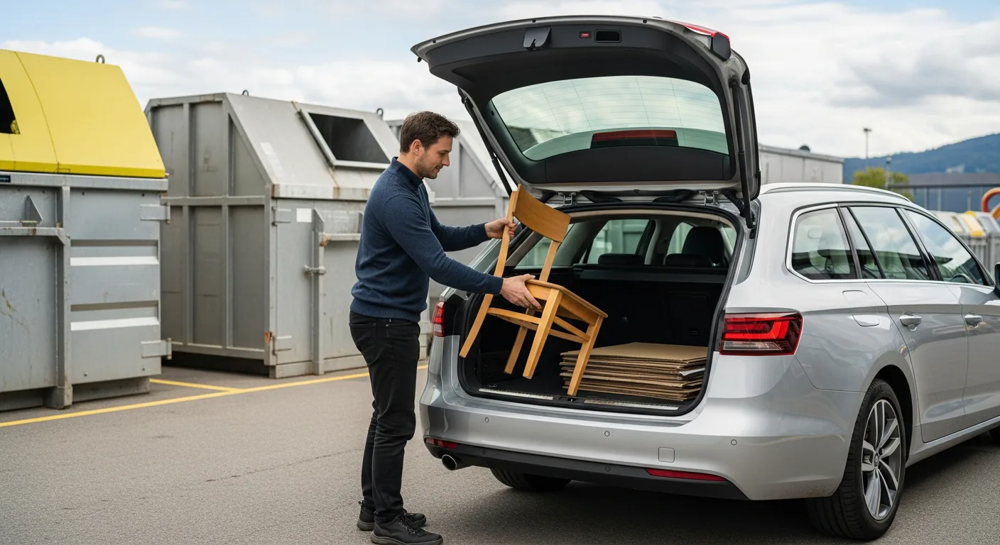 Eine Person laedt einen alten Holzstuhl und flache Kartons in den offenen Kofferraum eines Autos auf einem sauberen Recyclinghof.