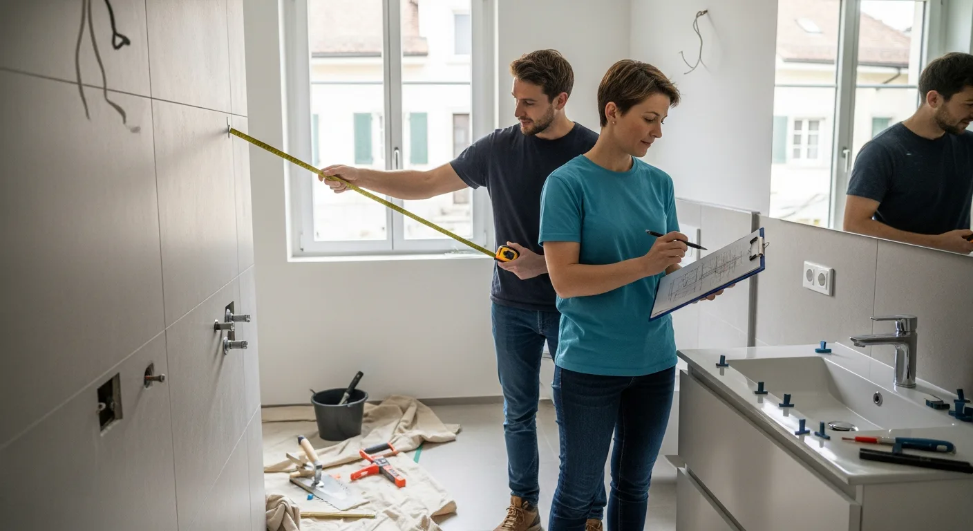 Eine Person sortiert Schrauben und Holzdübel in einen transparenten Beutel auf einem Tisch, um Kleinteile für den Möbelaufbau vorzubereiten.