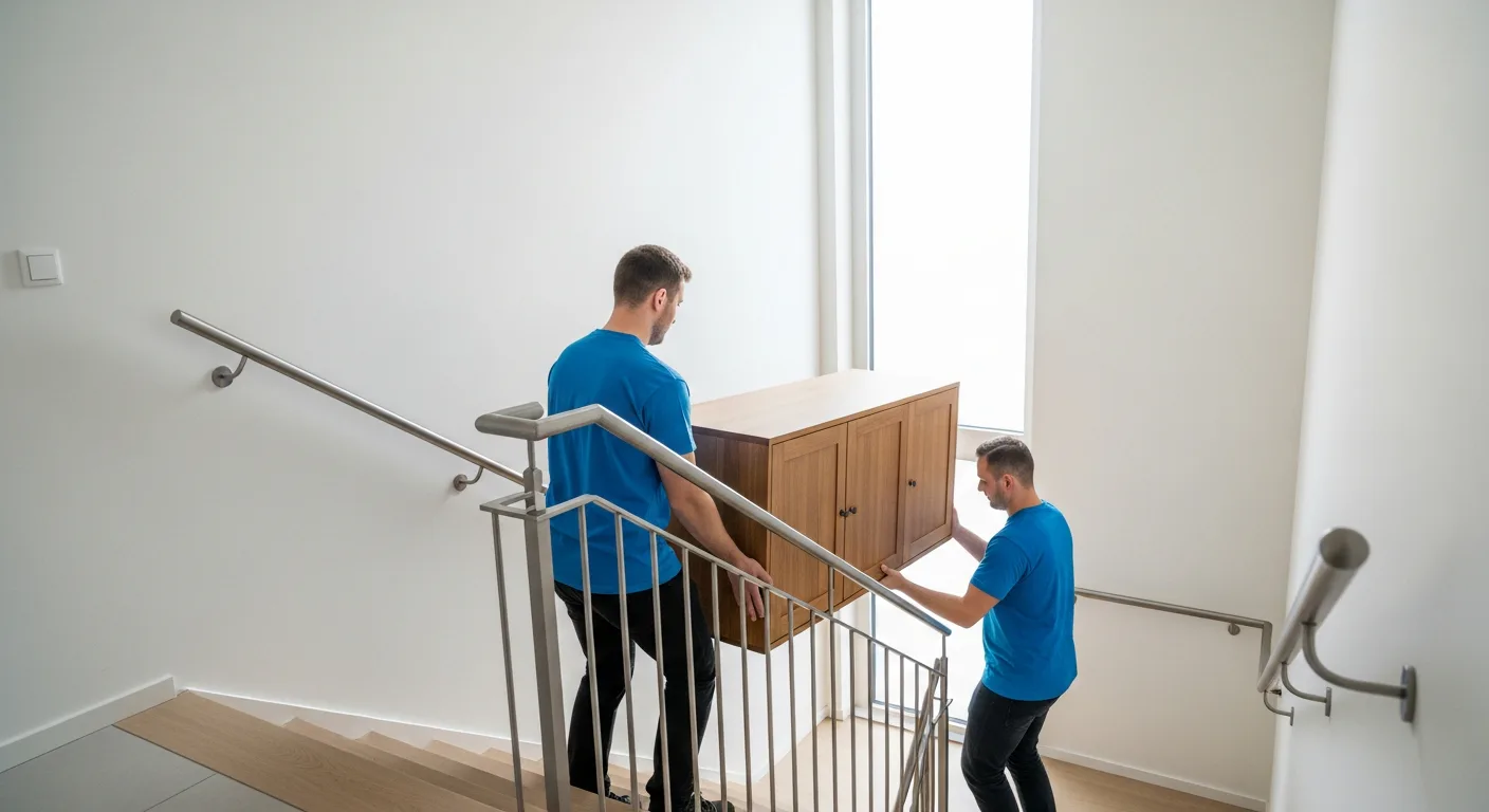 Zwei Zuegelmaenner in neutraler Arbeitskleidung tragen einen hoelzernen Schrank vorsichtig durch das Treppenhaus eines modernen Wohnhauses.