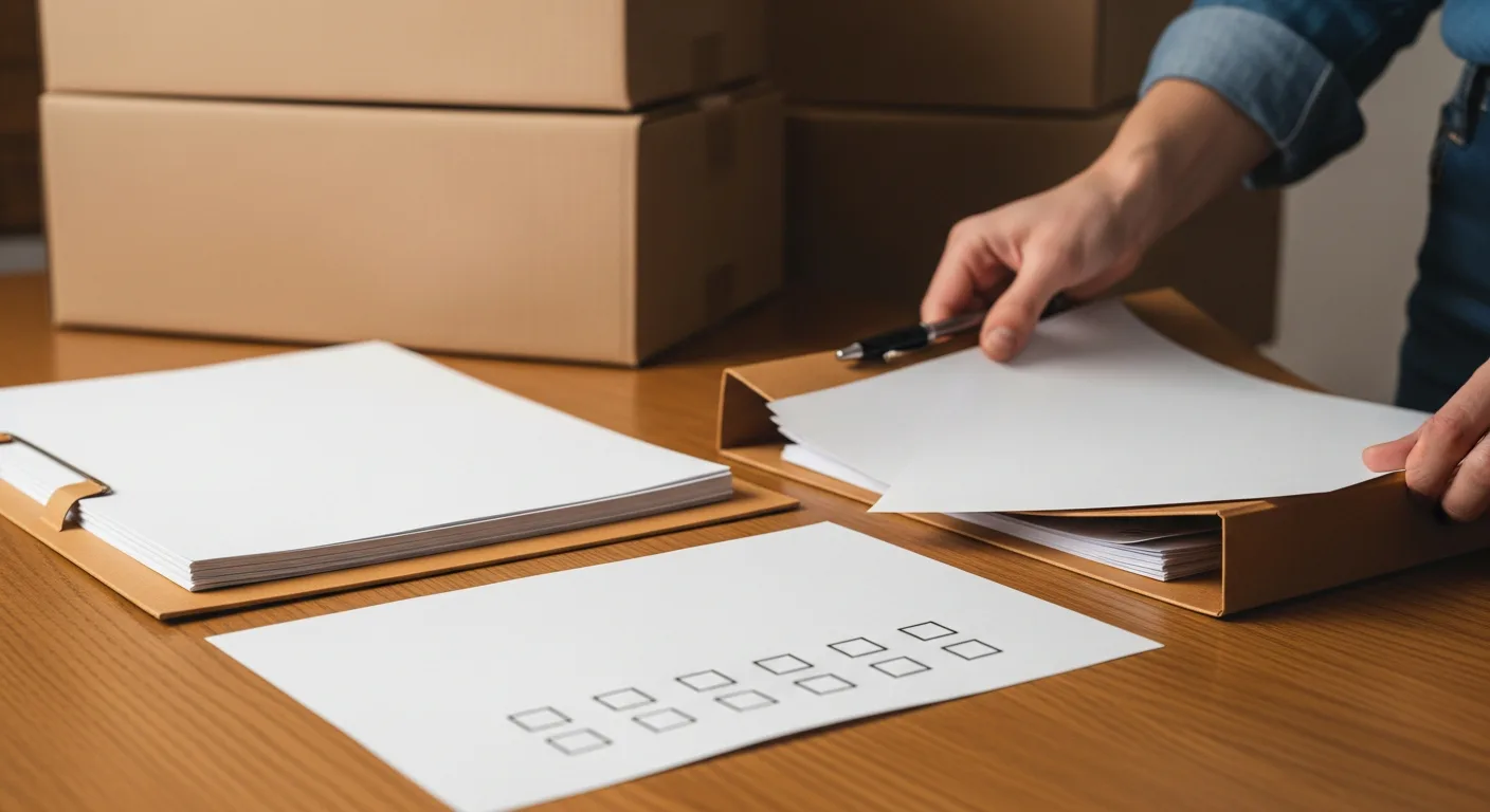 Eine Person organisiert Dokumente und Checklisten für den Auslandsumzug neben gepackten Umzugskisten.