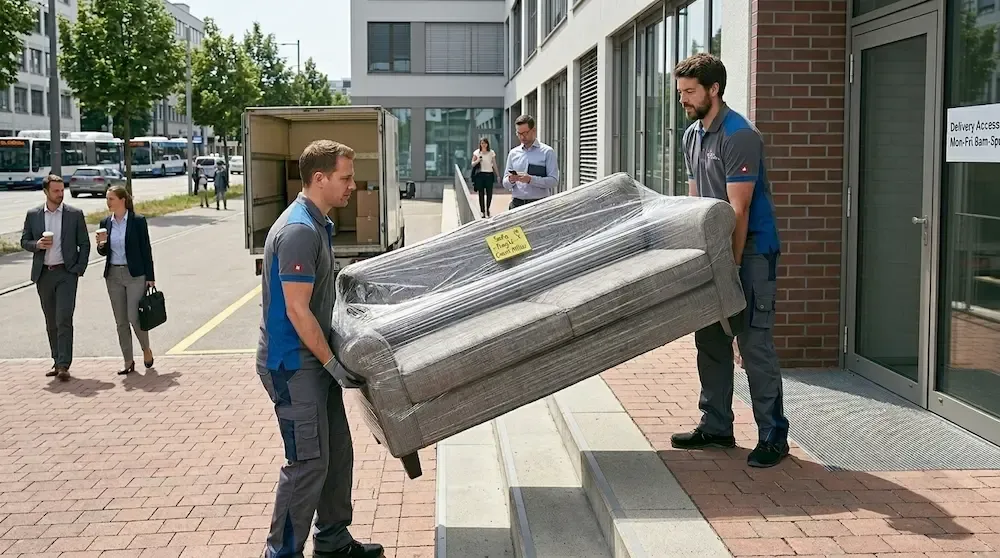 Zwei professionelle Zügelmänner in Arbeitskleidung tragen ein in Schutzfolie gewickeltes Sofa sicher über eine Aussentreppe, während im Hintergrund der geöffnete Umzugswagen auf der Strasse wartet.