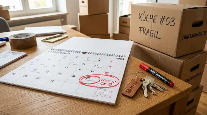 Ein Kalender, auf dem ein Umzugsdatum mit einem roten Stift markiert wird, daneben liegen Zügelschachteln und Schlüsselböcke.